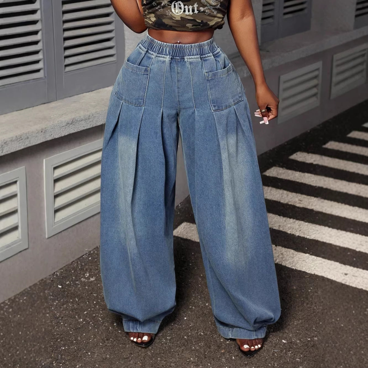 Vintage Washed Blue Wide-Leg Denim Pants