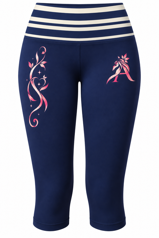 Navy activewear outfit with contrasting cream stripe accents