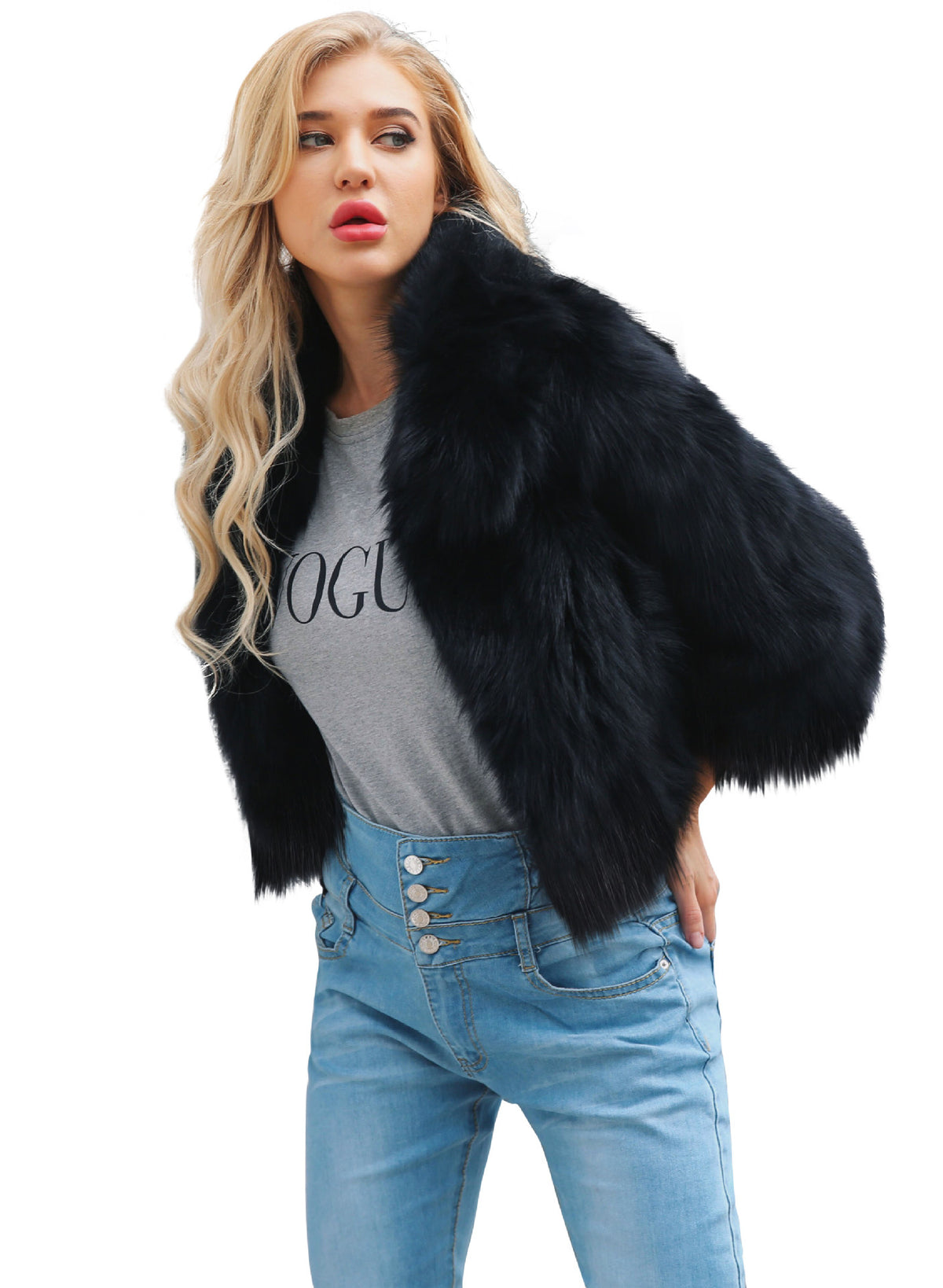Faux Fur Short Coat with Fox Collar and Long Hair
