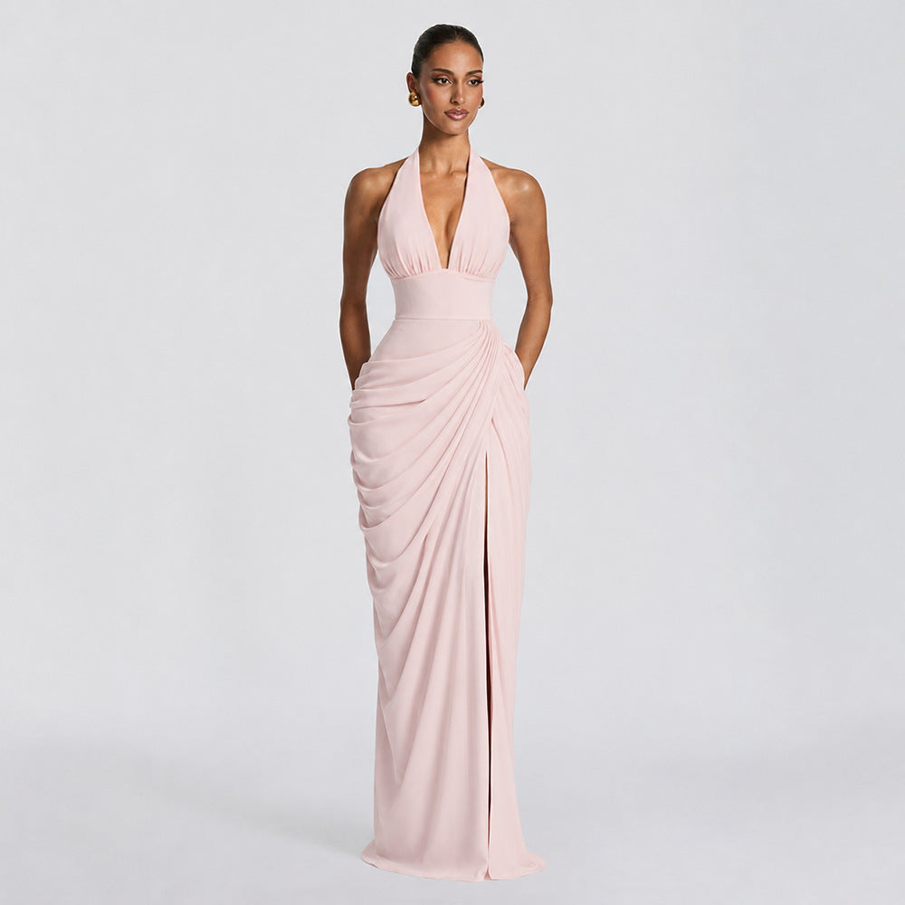 Elegant Pleated Halter Neck Dress