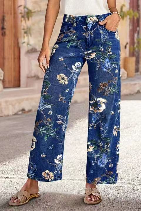 Women's Printed Denim Wide-Leg Pants