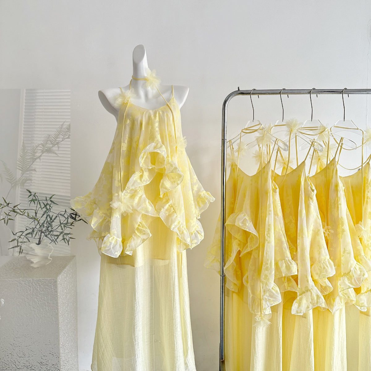 LUXURY AURA French-Style Camisole Dress with Ruffles