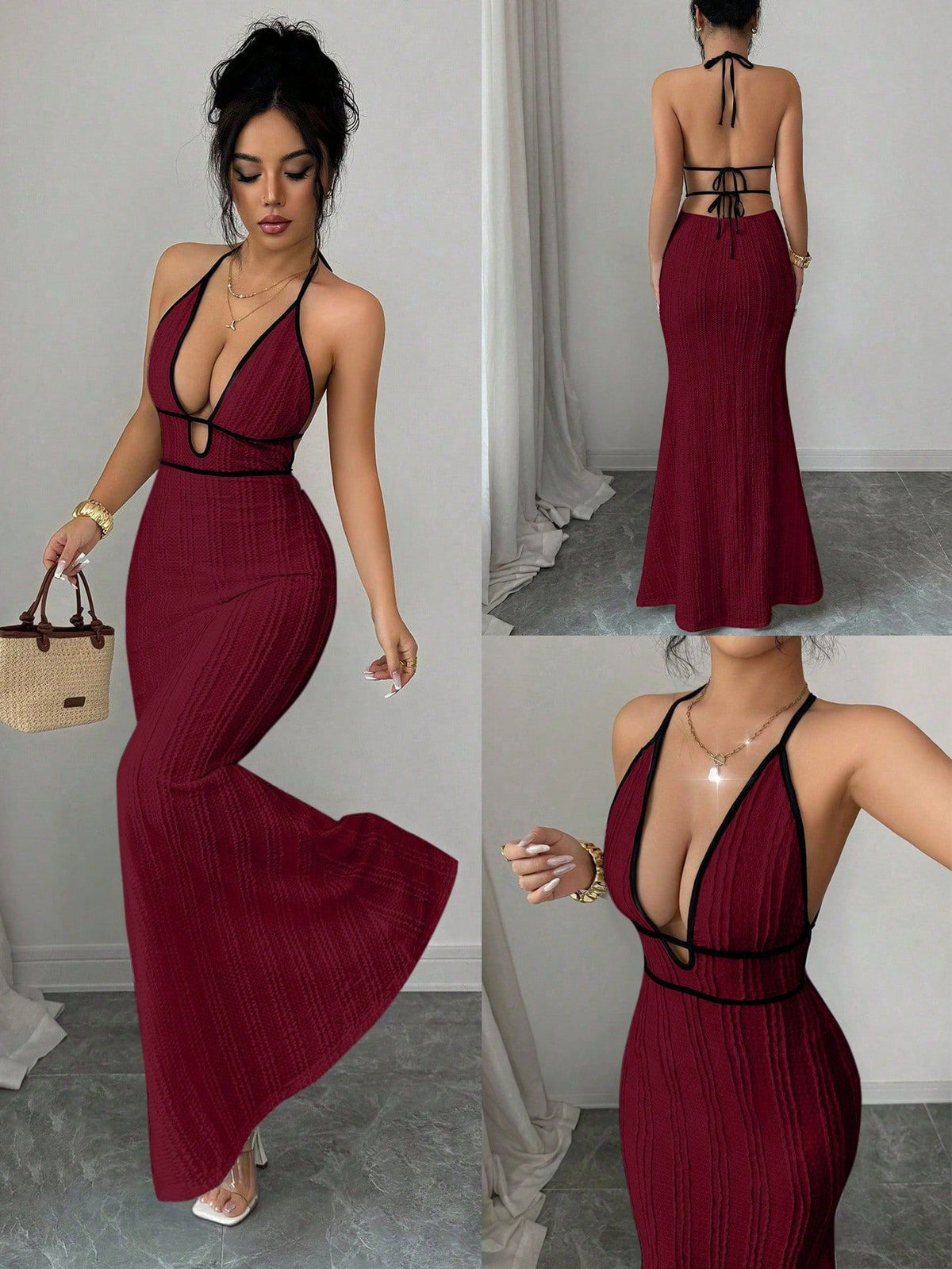LUXURY AURA Deep V open-back fitted halter dress