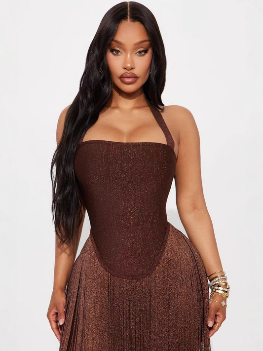 Women's Sexy Tube Top Halterneck Tassel Hip-Covering Long Skirt Dress