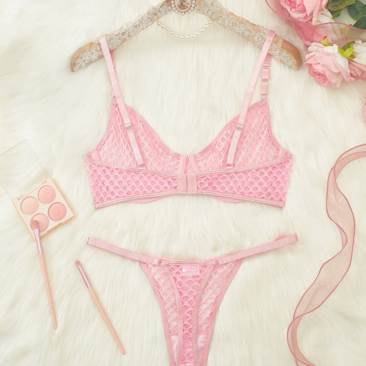 LUXURY AURA Lingerie Set with Hollow-Out Fishnet See-Through Mesh Bra