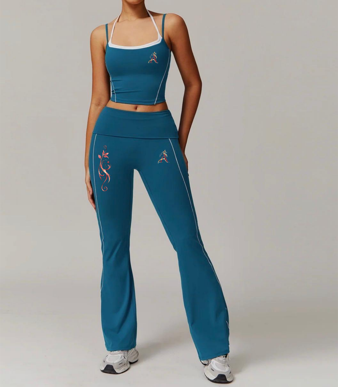 AngelauraLuxe teal contrast-trim flared activewear set