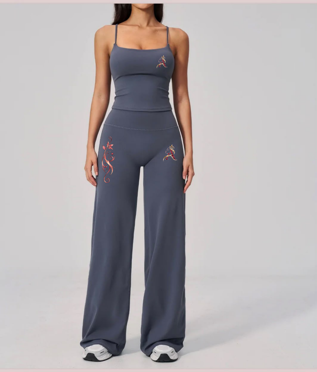 Slate blue fitted tank and wide-leg pants matching activewear set with Angelauraluxe logo