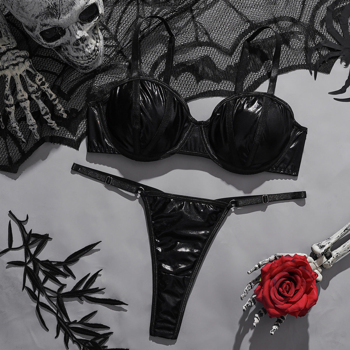 LUXURY AURA Gothic Style PU Leather Lingerie Set