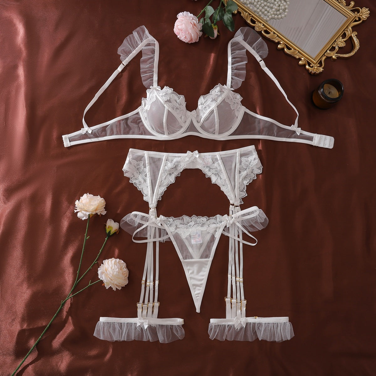 LUXURY AURA Lace Floral Embroidery Lingerie Set