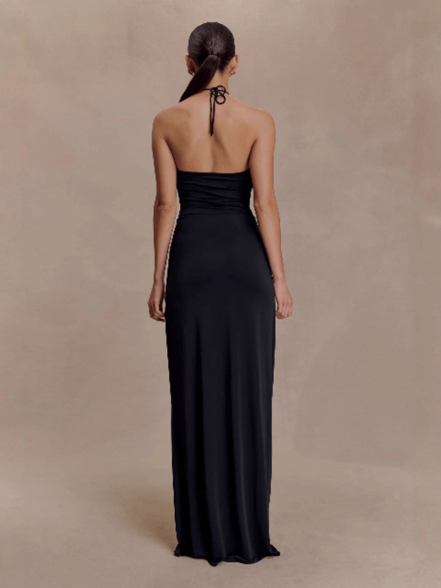 LUXURY AURA Elegant Halter Neck Long Dress with Flowing Belt