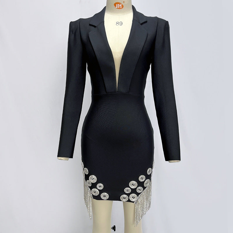 LUXURY AURA Black Diamond Suit Collar Bandage Dress