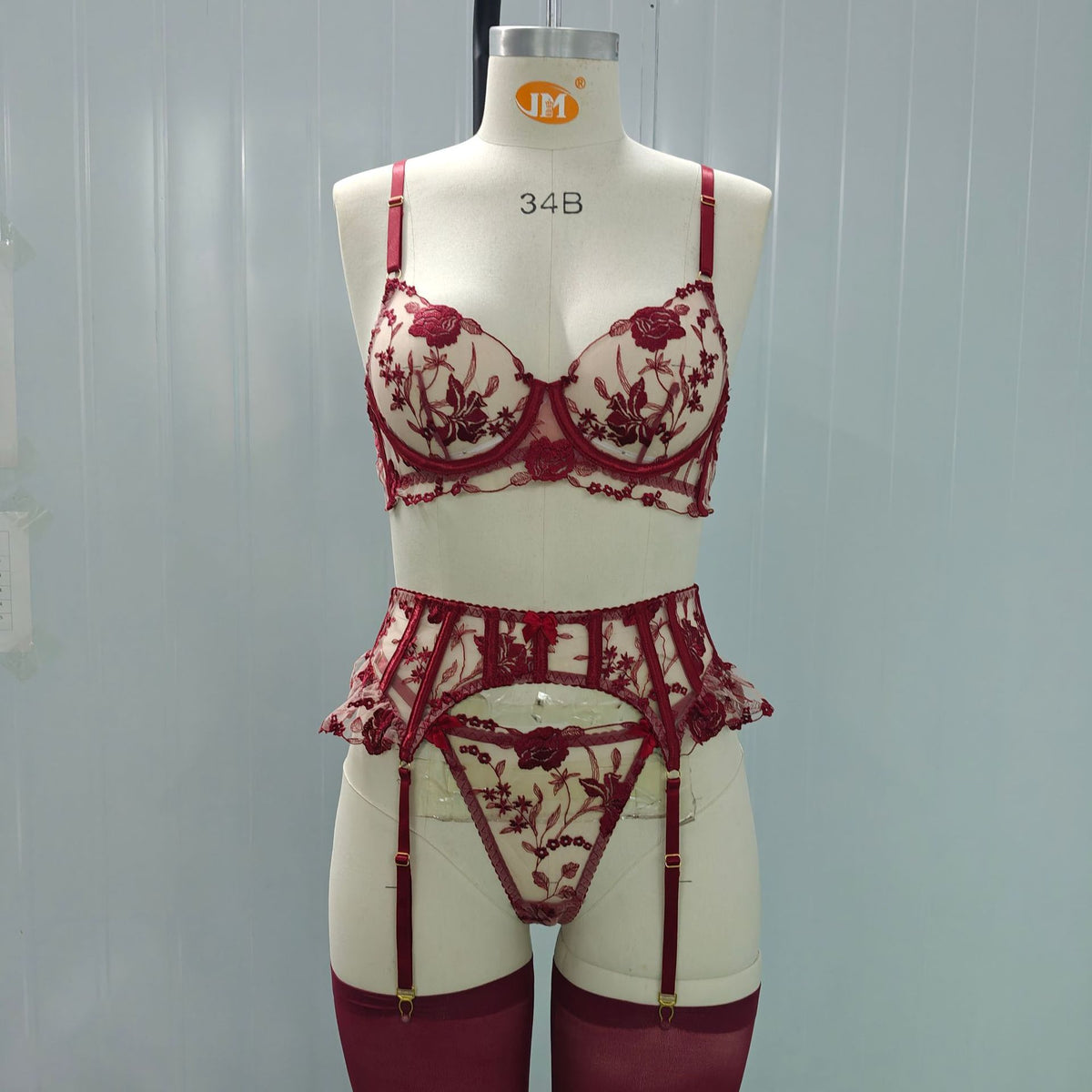 LUXURY Floral Embroidery Lingerie Set with Garter Belt