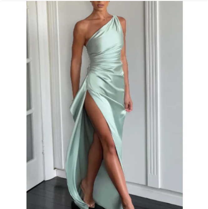 Satin One-Sleeve Slit Gown