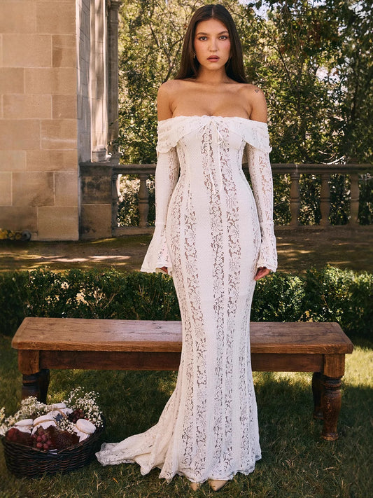 LUXURY AURA Lace Off-Shoulder Bodycon Long Dress