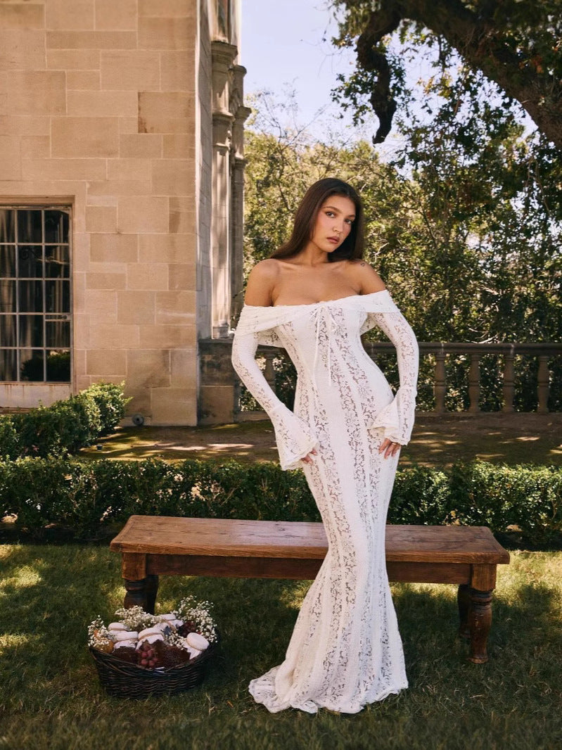 LUXURY AURA Lace Off-Shoulder Bodycon Long Dress