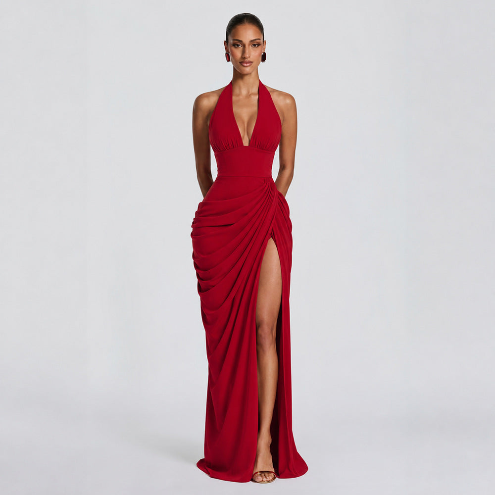 Elegant Pleated Halter Neck Dress