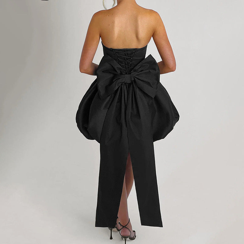 LUXURY AURA Bow-Tie Strapless Evening Dress with Slit