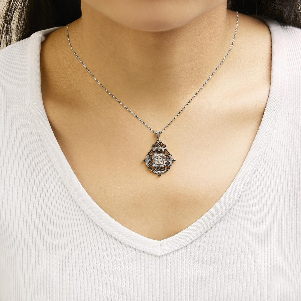 Black Rhodium Silver Diamond Medallion Necklace