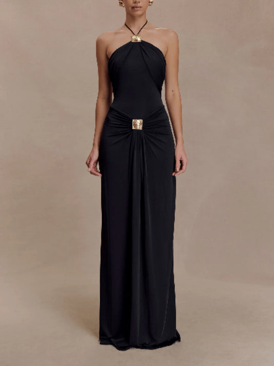 LUXURY AURA Elegant Halter Neck Long Dress with Flowing Belt