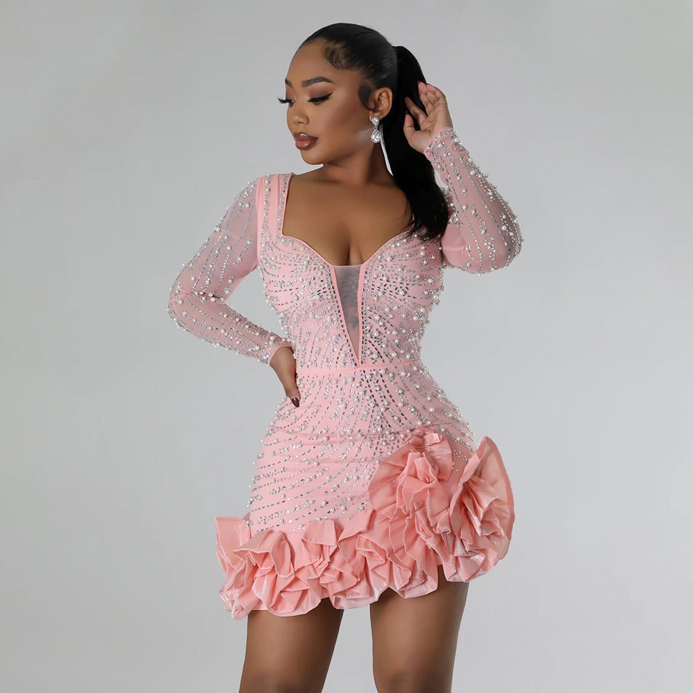 LUXURY AURA Drilling Bubble Beads Dress Women Long Sleeve Square Collar