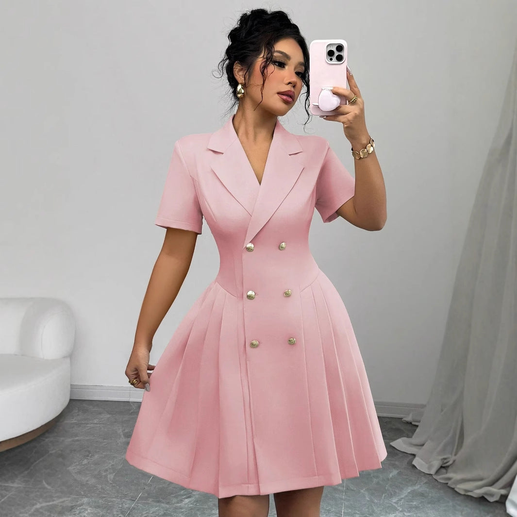 Short Sleeve Solid Color Waist Double Breasted Dress
