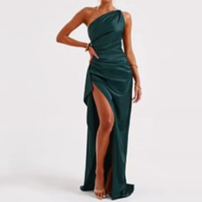 Satin One-Sleeve Slit Gown