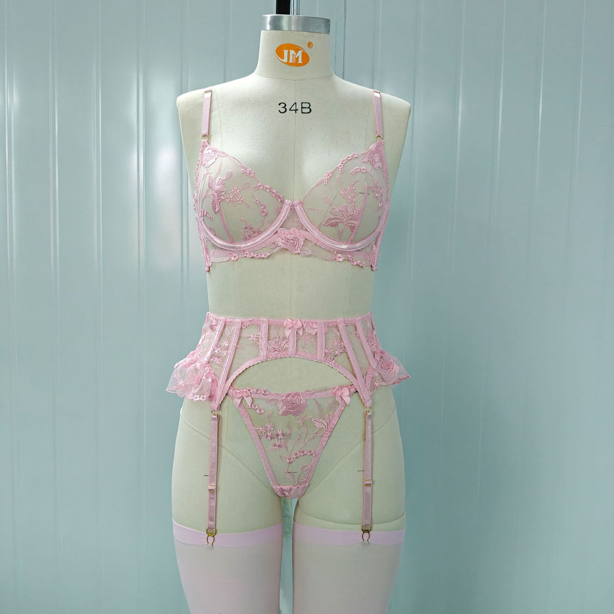 LUXURY Floral Embroidery Lingerie Set with Garter Belt