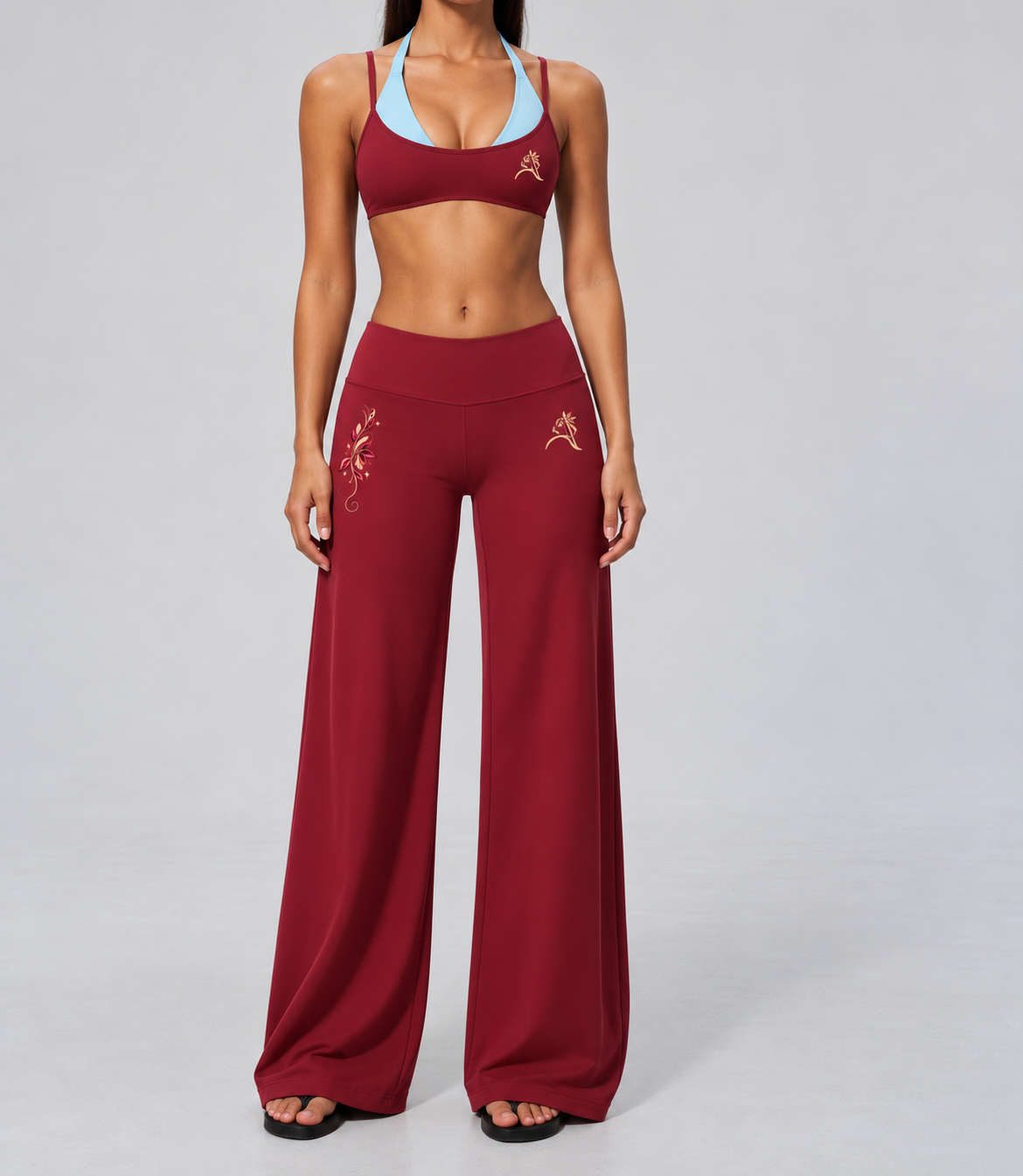 Color-block sports bra and high-waisted wide-leg pants set