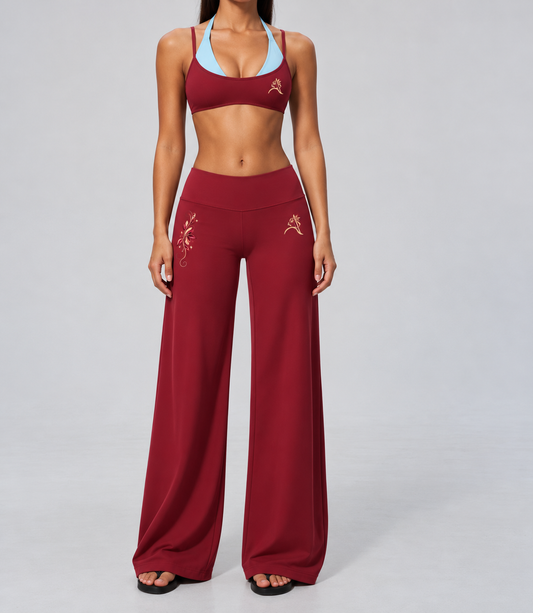 Color-block sports bra and high-waisted wide-leg pants set