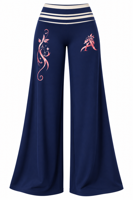 Navy blue high-waisted activewear pants with a cream-striped waistband