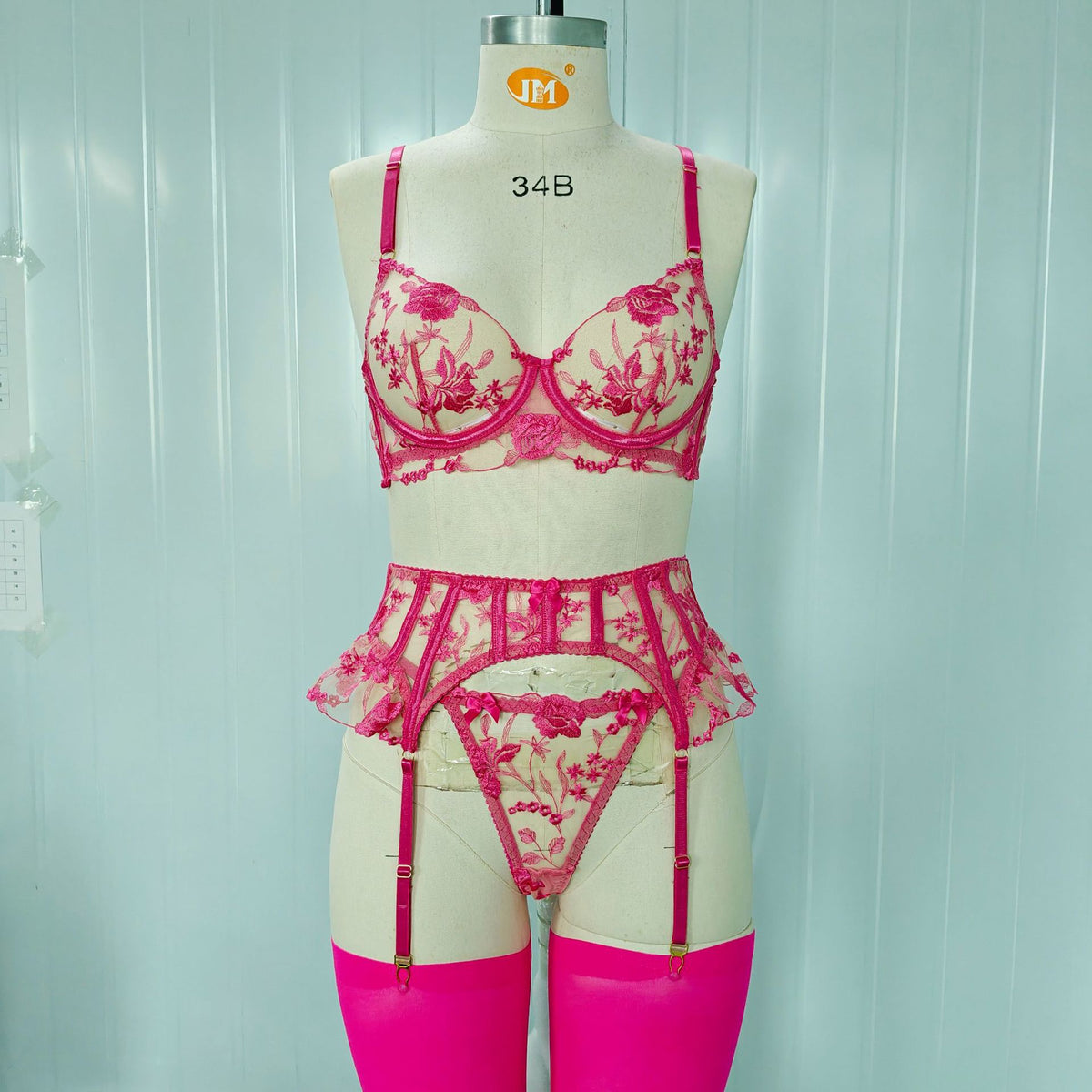 LUXURY Floral Embroidery Lingerie Set with Garter Belt