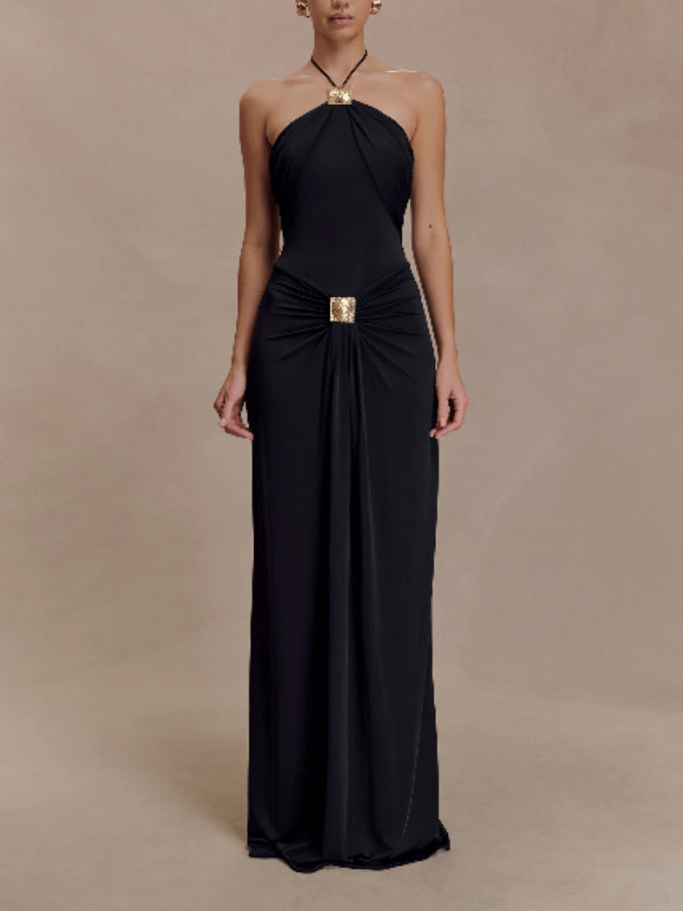 LUXURY AURA Elegant Halter Neck Long Dress with Flowing Belt