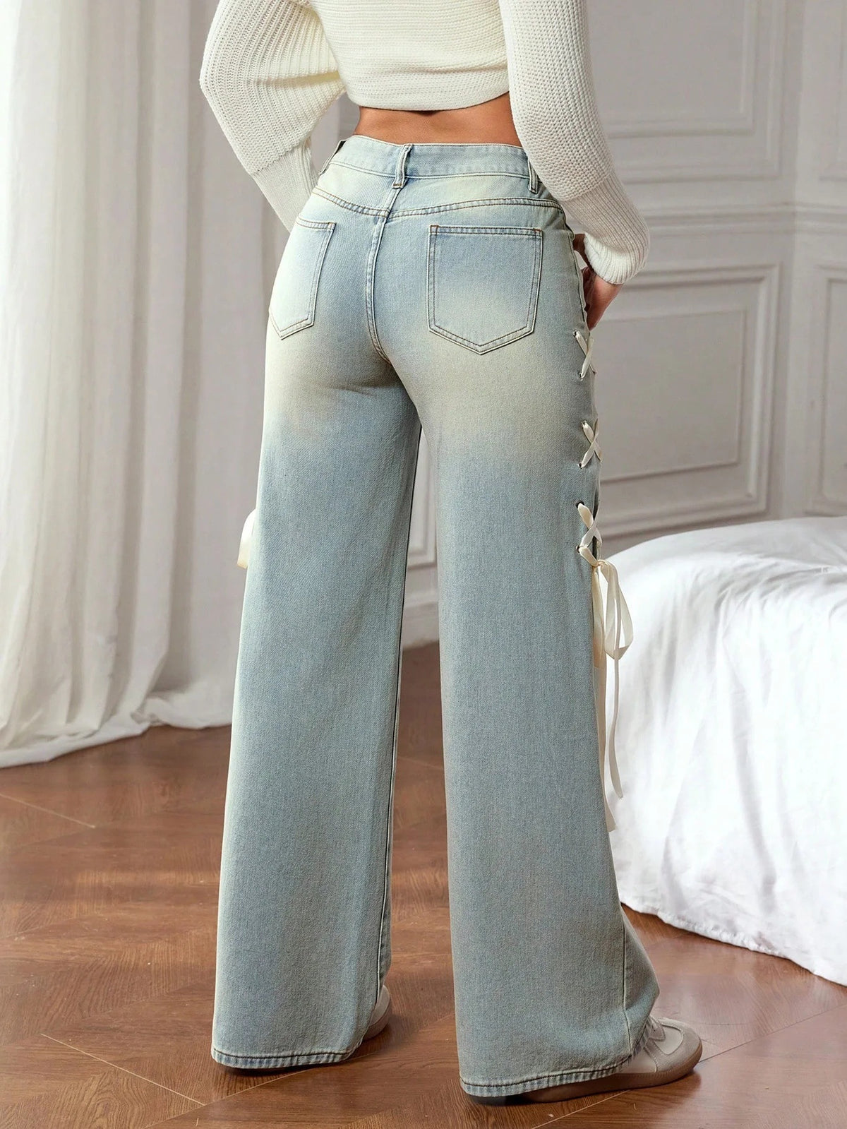Luxe Women's Wide-Leg Denim Jeans with Side Ribbon