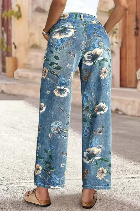 Women's Printed Denim Wide-Leg Pants