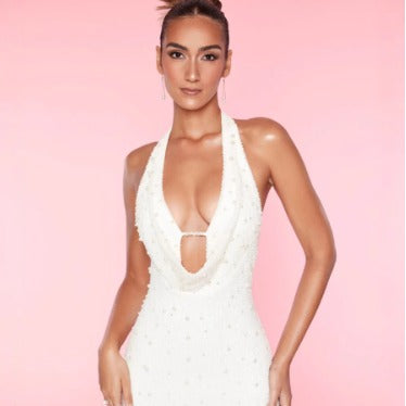 Beaded Cut-out Halter Sheath Mini Dress
