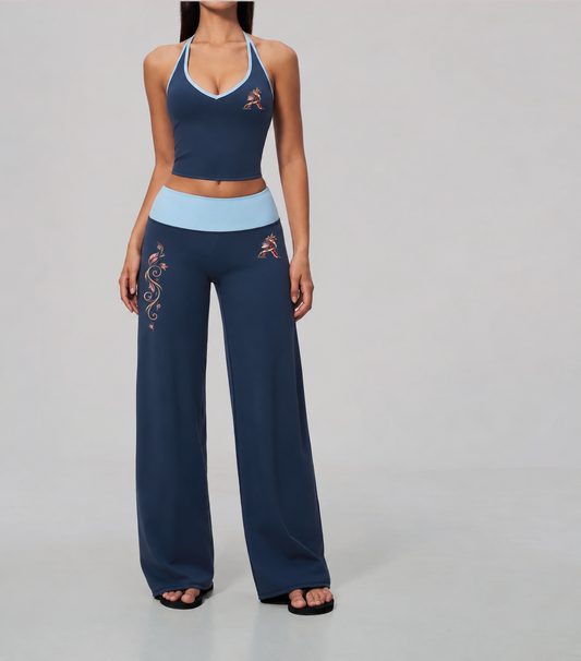 Color-block halter crop top and matching wide-leg pants