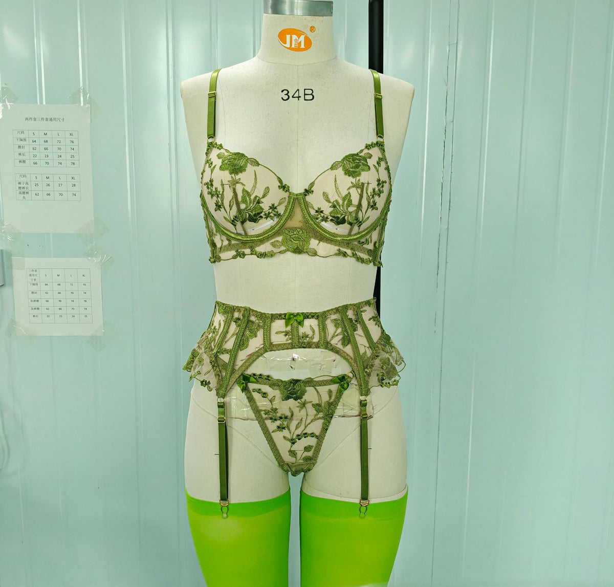 LUXURY Floral Embroidery Lingerie Set with Garter Belt