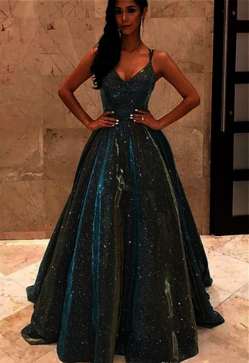 LUXURY AURA Women Sequined V-Neck Sleeveless Long Dress Evening Party Gown