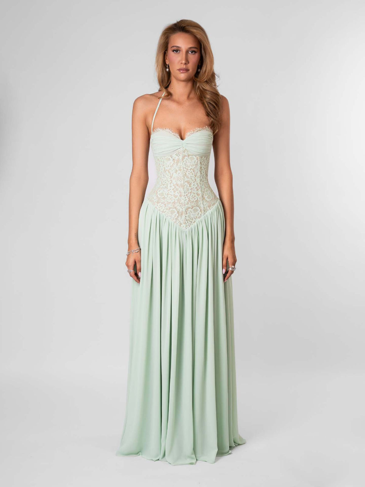 LUXURY AURA Womens Lace Ruched Bodycon Maxi Dress Deep V Neck Sleeveless Formal Evening Gown