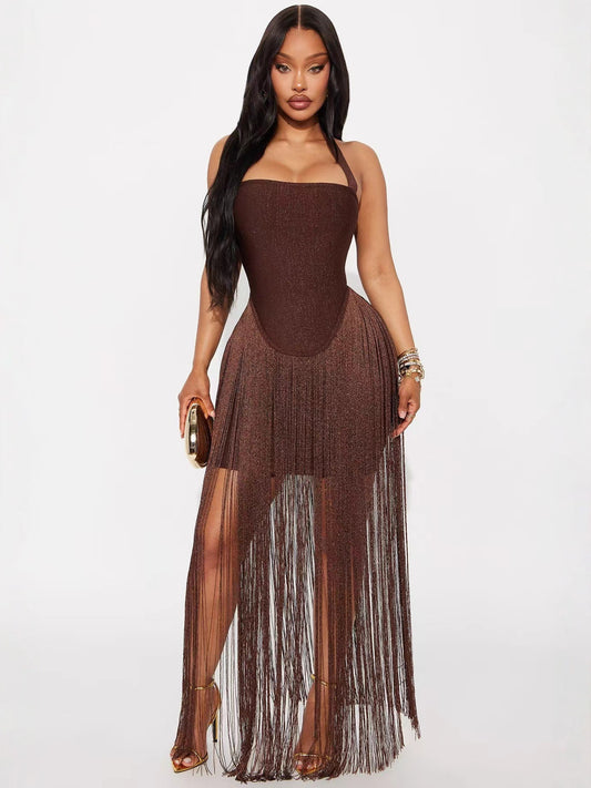 Women's Sexy Tube Top Halterneck Tassel Hip-Covering Long Skirt Dress