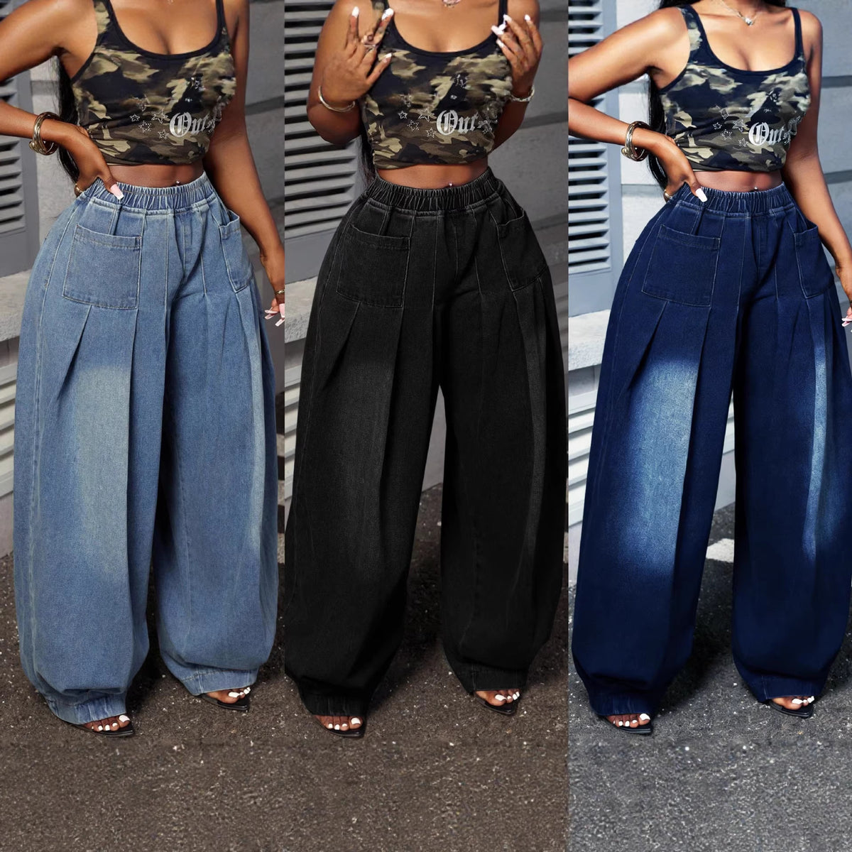Vintage Washed Blue Wide-Leg Denim Pants