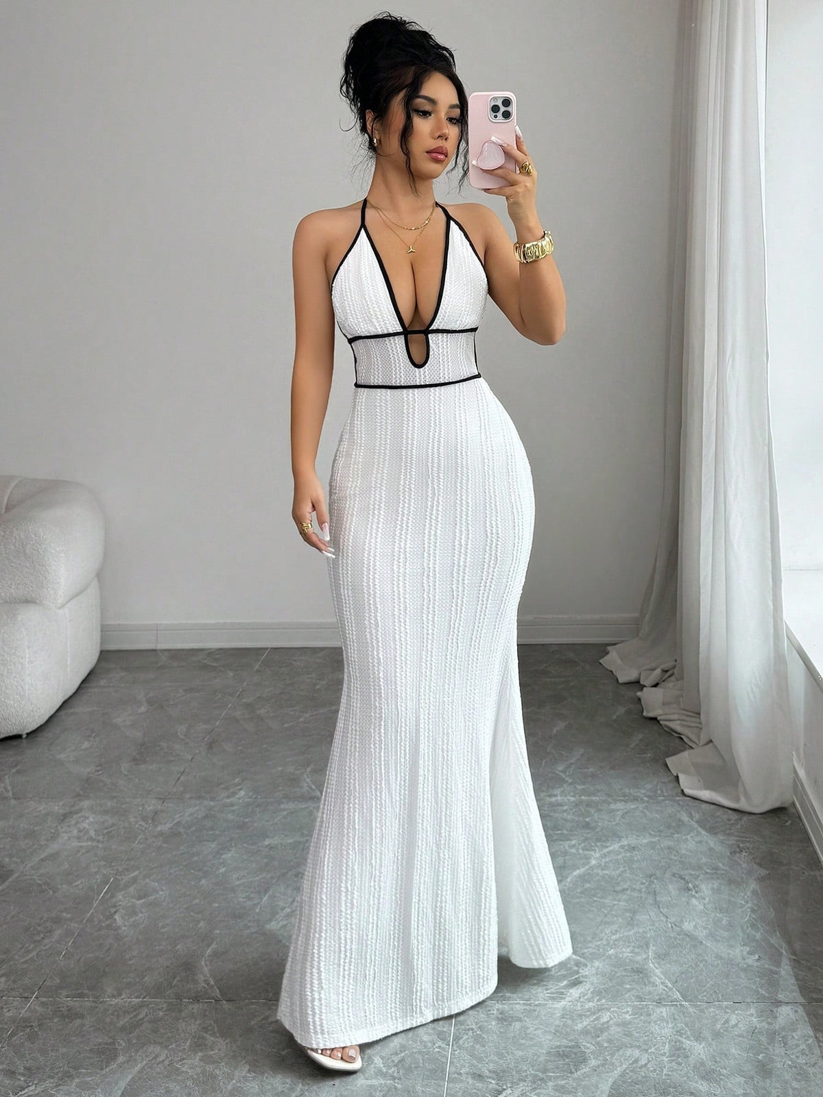 LUXURY AURA Deep V open-back fitted halter dress