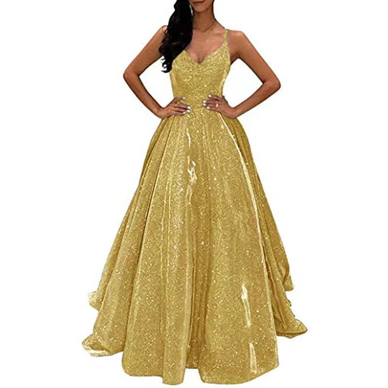LUXURY AURA Women Sequined V-Neck Sleeveless Long Dress Evening Party Gown