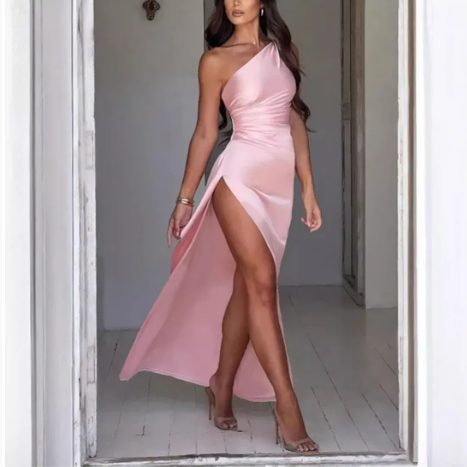 Satin One-Sleeve Slit Gown