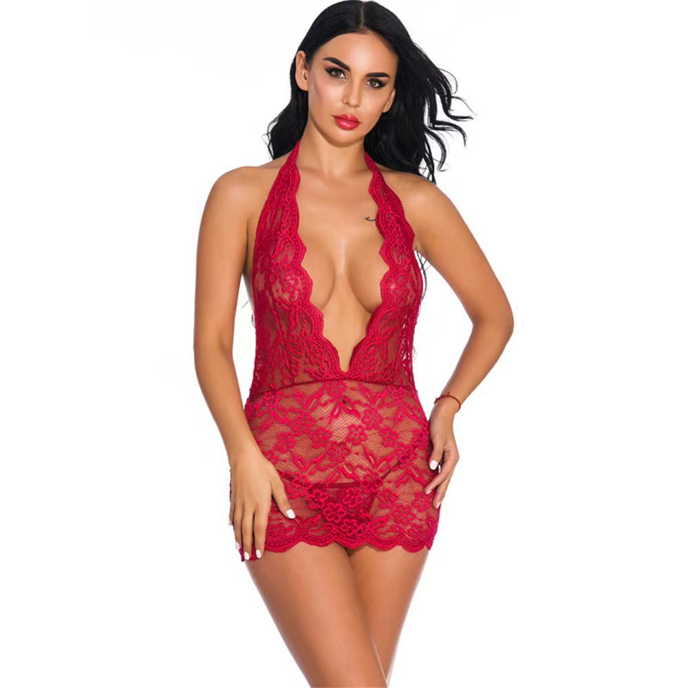 LUXURY AURA Sensual Lace Deep V-Neck Sleepwear Dress