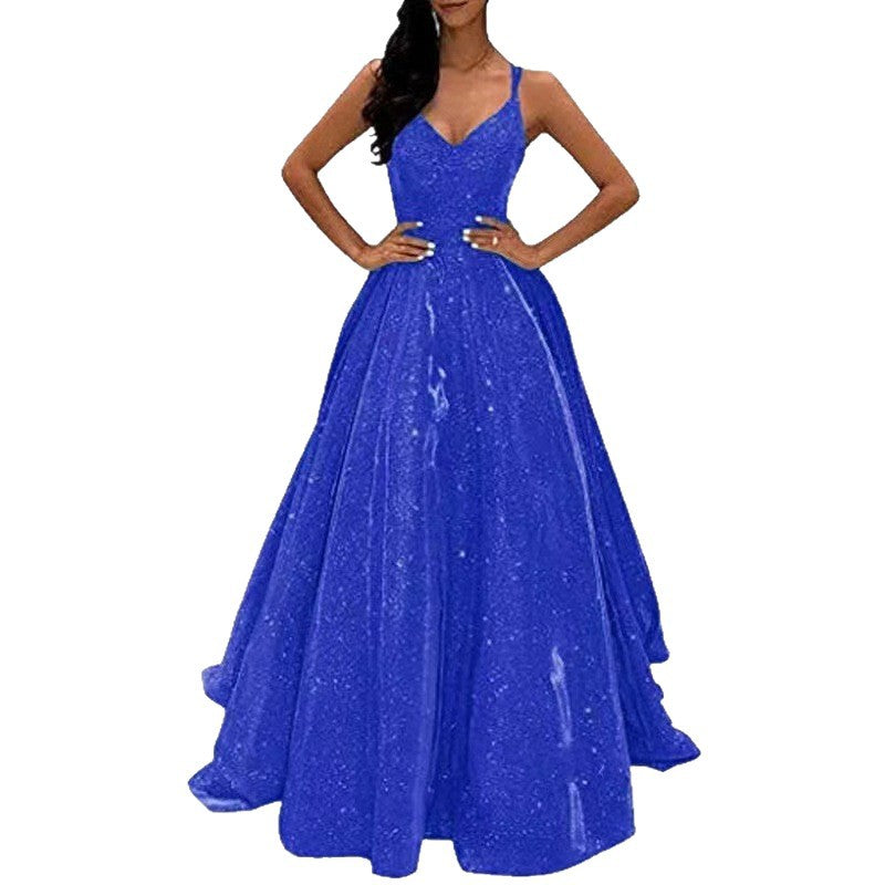 LUXURY AURA Women Sequined V-Neck Sleeveless Long Dress Evening Party Gown