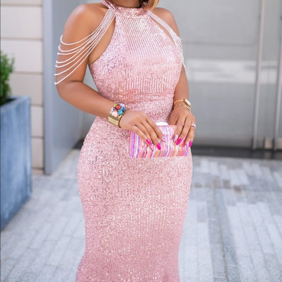 Sequin Bodycon Dress Sleeveless Round Neck Long Dress for Women