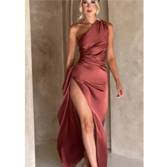 Satin One-Sleeve Slit Gown