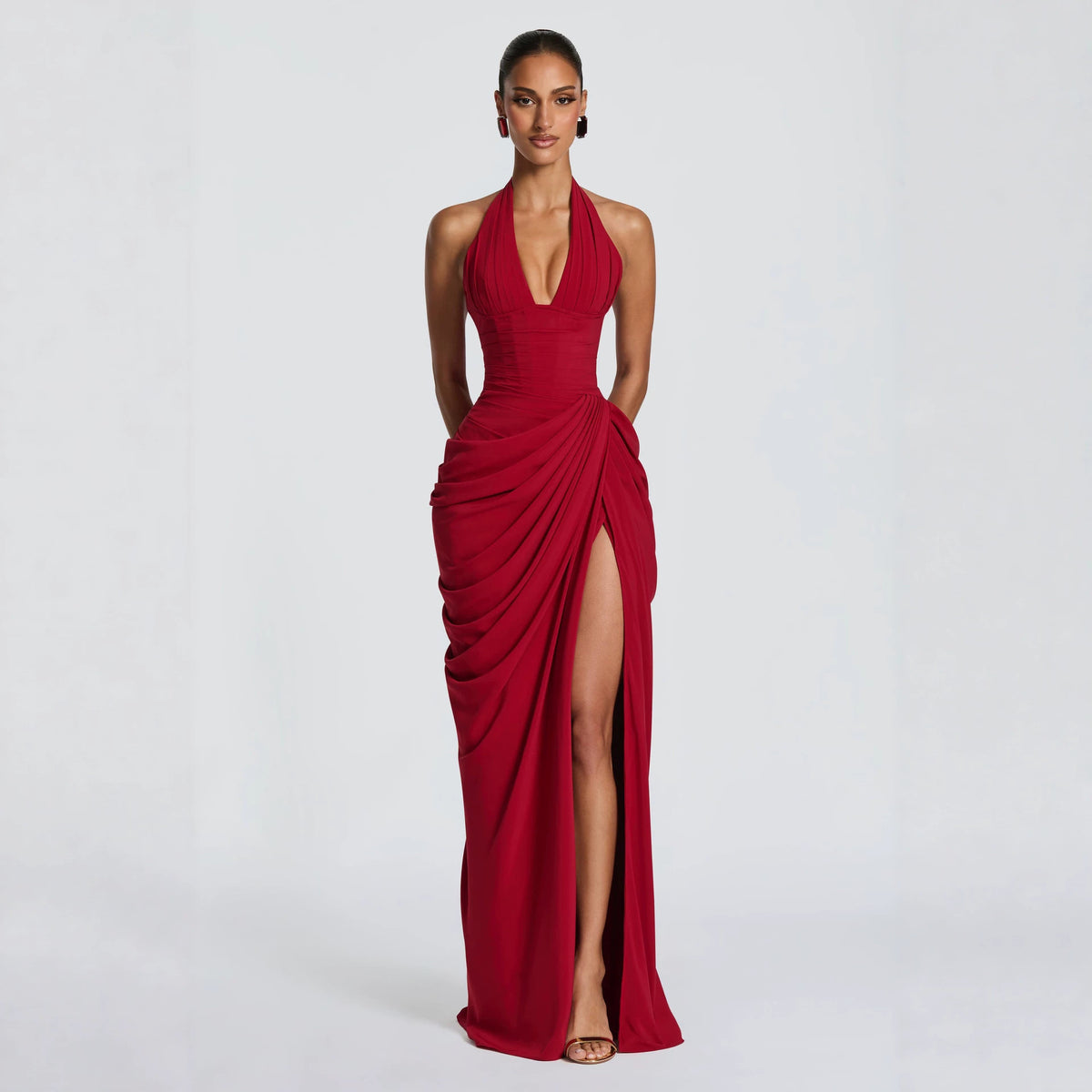 Elegant Pleated Halter Neck Dress