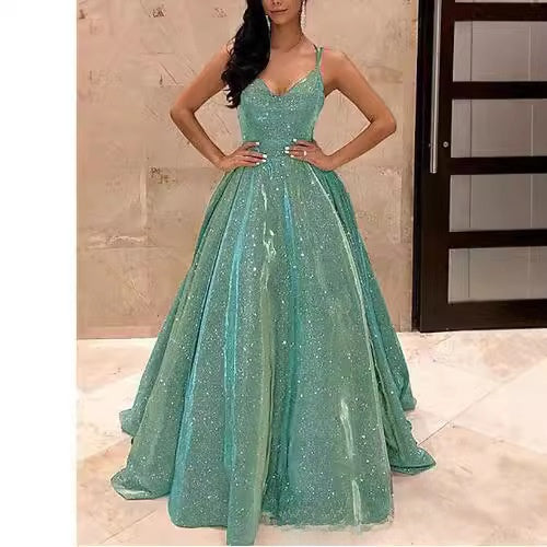 LUXURY AURA Women Sequined V-Neck Sleeveless Long Dress Evening Party Gown